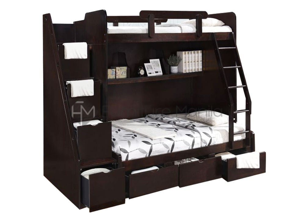 wooden bunk bed with drawers